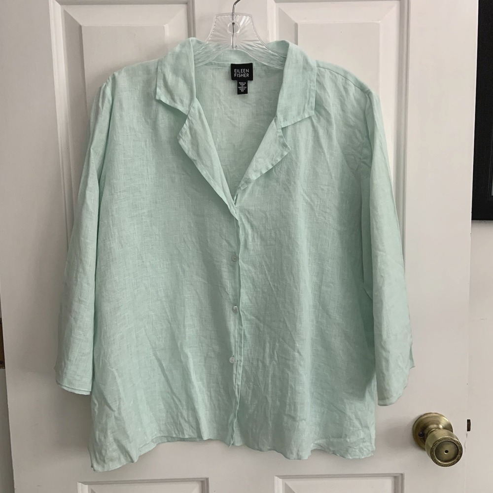Eileen Fisher 100% Irish Linen Aqua Blue 3/4 Sleeves Blouse Top Shirt sz M